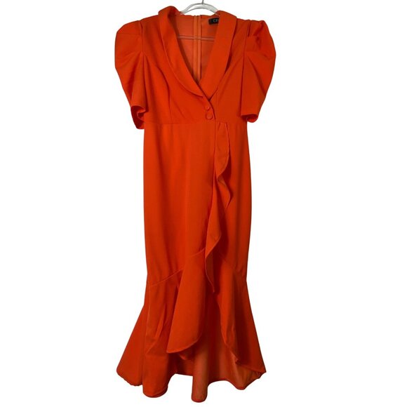 Orange Ruffle Dress XL Sexy Retro Pinup Stretch Classic Glamour Feminine Party - Picture 3 of 8